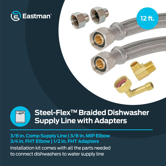 Eastman Dishwasher Installation Kit, 8 Foot Supply Line, 3/8 Inch x 3/8 Inch Compression, 3/8 Inch MIP and 3/4 Inch FHT Elbows, Two 1/2 Inch FHT Adapter