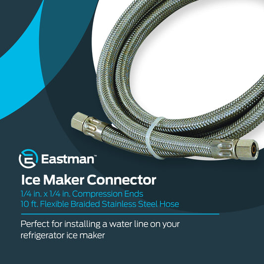 Eastman 48389, 10 Foot Ice Maker Connector, 1/4 Inch Compression, Flexible Braided Stainless Steel Hose