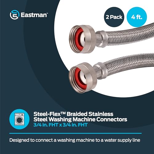 Eastman 4 ft Washing Machine Hose Connectors, Pack of 2, 3/4 in FHT x 3/4 in FHT, Braided Stainless Steel, 48370